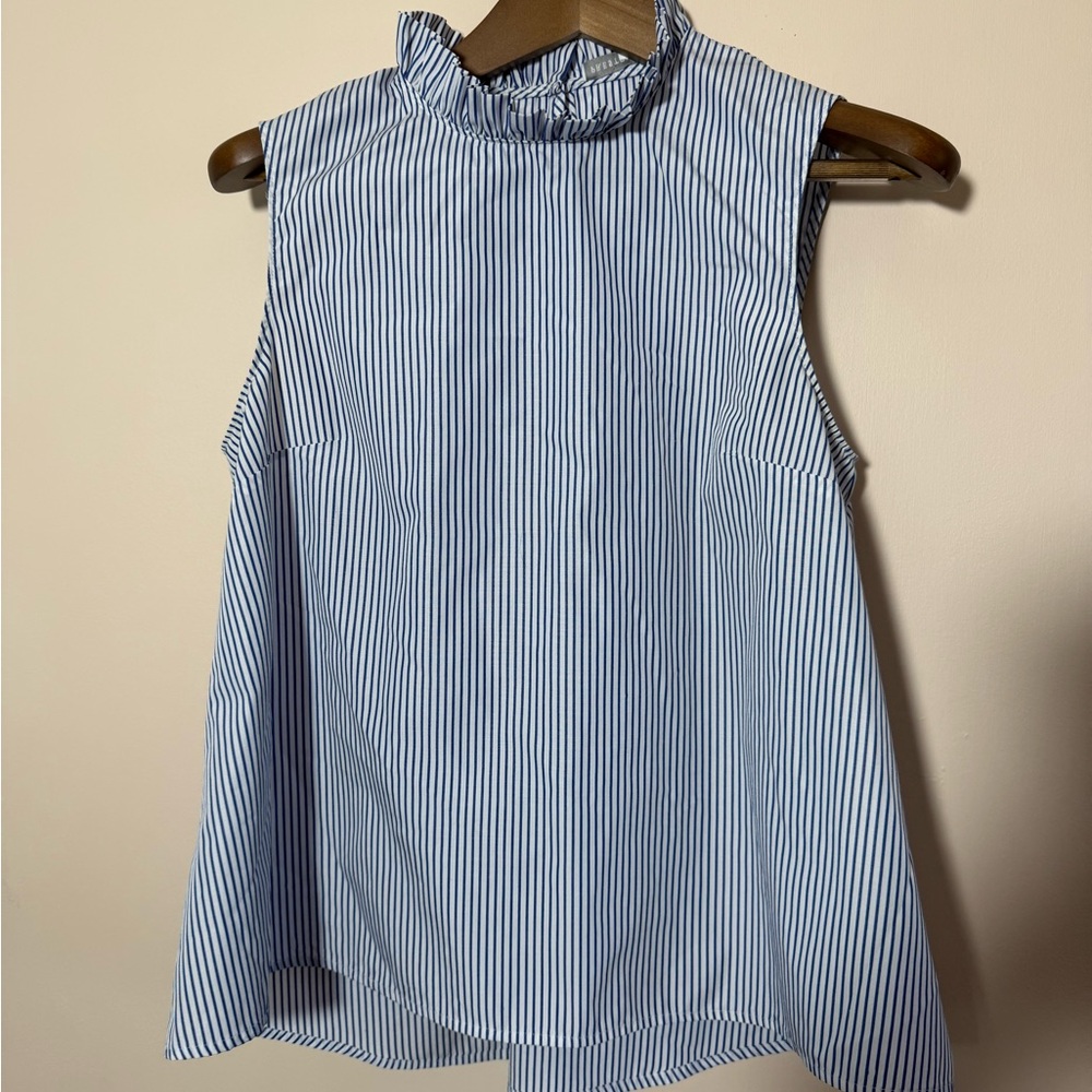 Preston & York Blue and White Striped Ruffle Neck Blouse